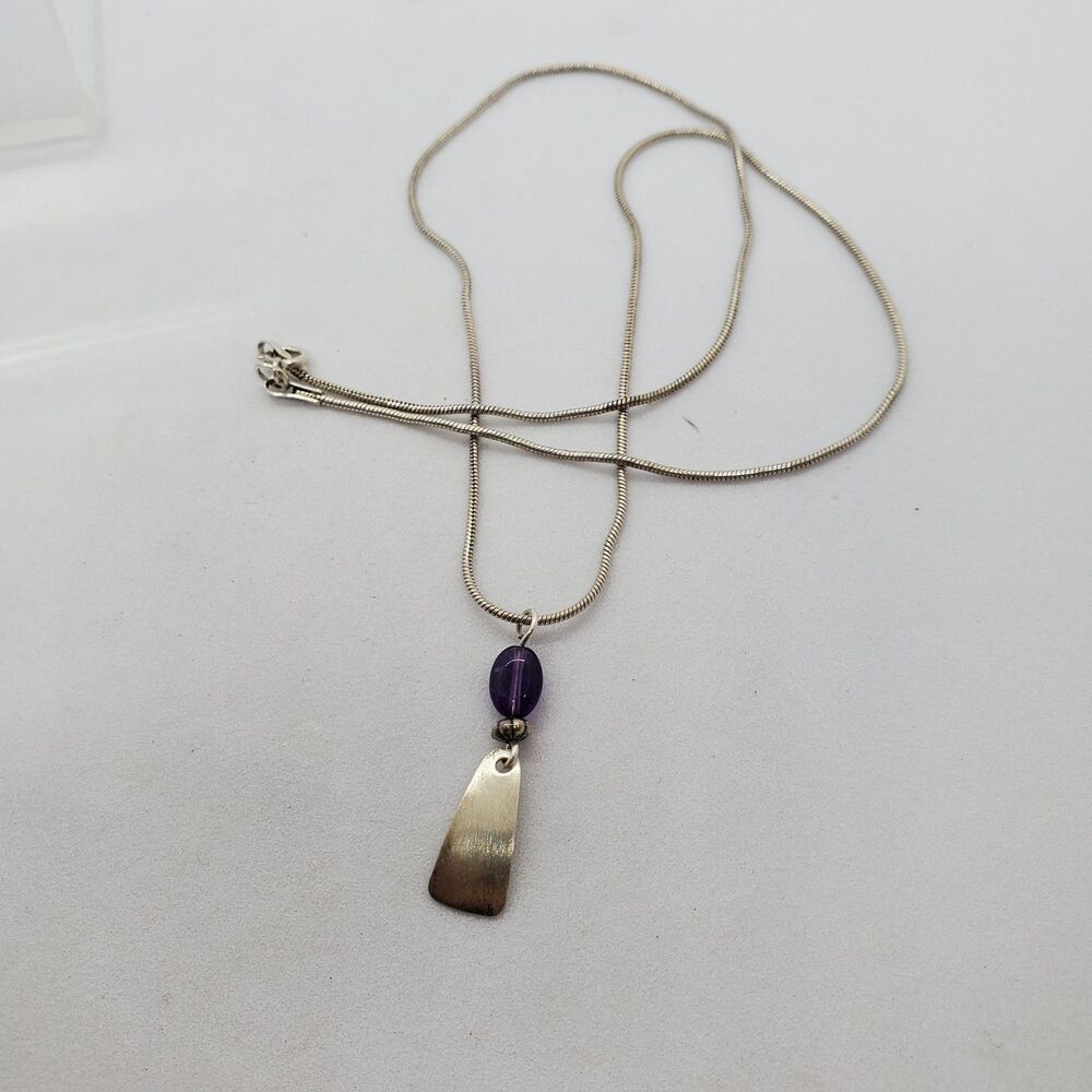 KBD Sterling Silver and Amythest Necklace on Snake Chain 16" 925
